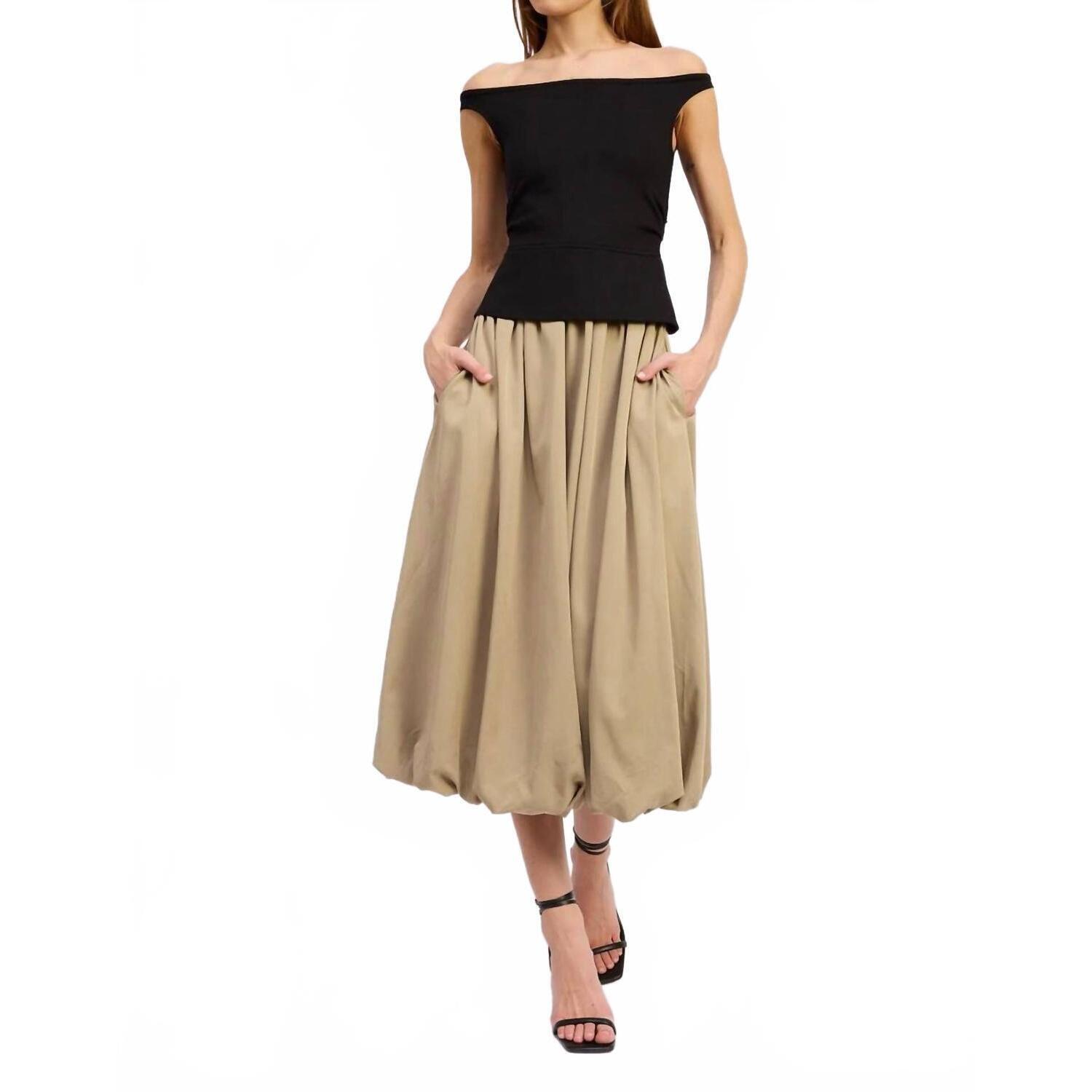 New En Saison Off Shoulder Bubble Hem Dress In Khaki/Black
